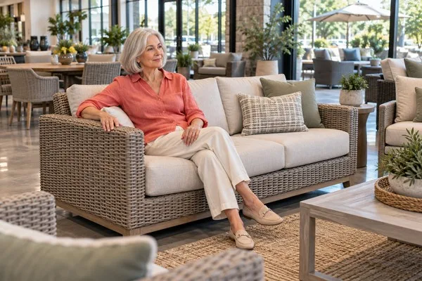 Woman testing the comfort of a cushioned outdoor sofa in a patio furniture showroom.