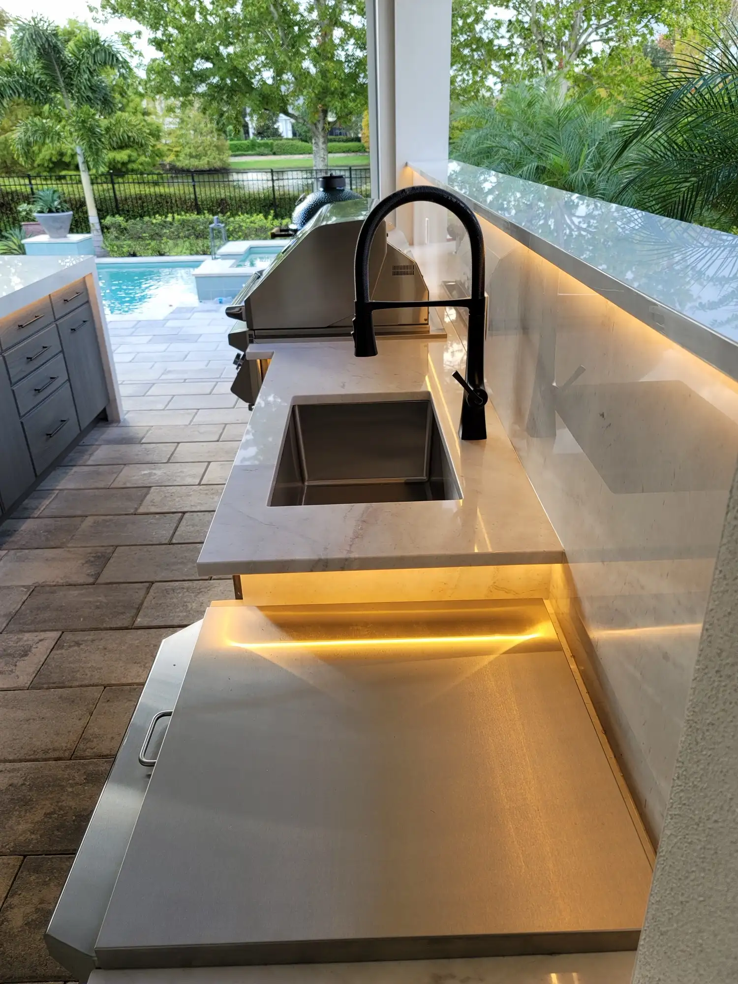The Twin Eagles grill set into the NatureKast outdoor kitchen in Baldwin Park