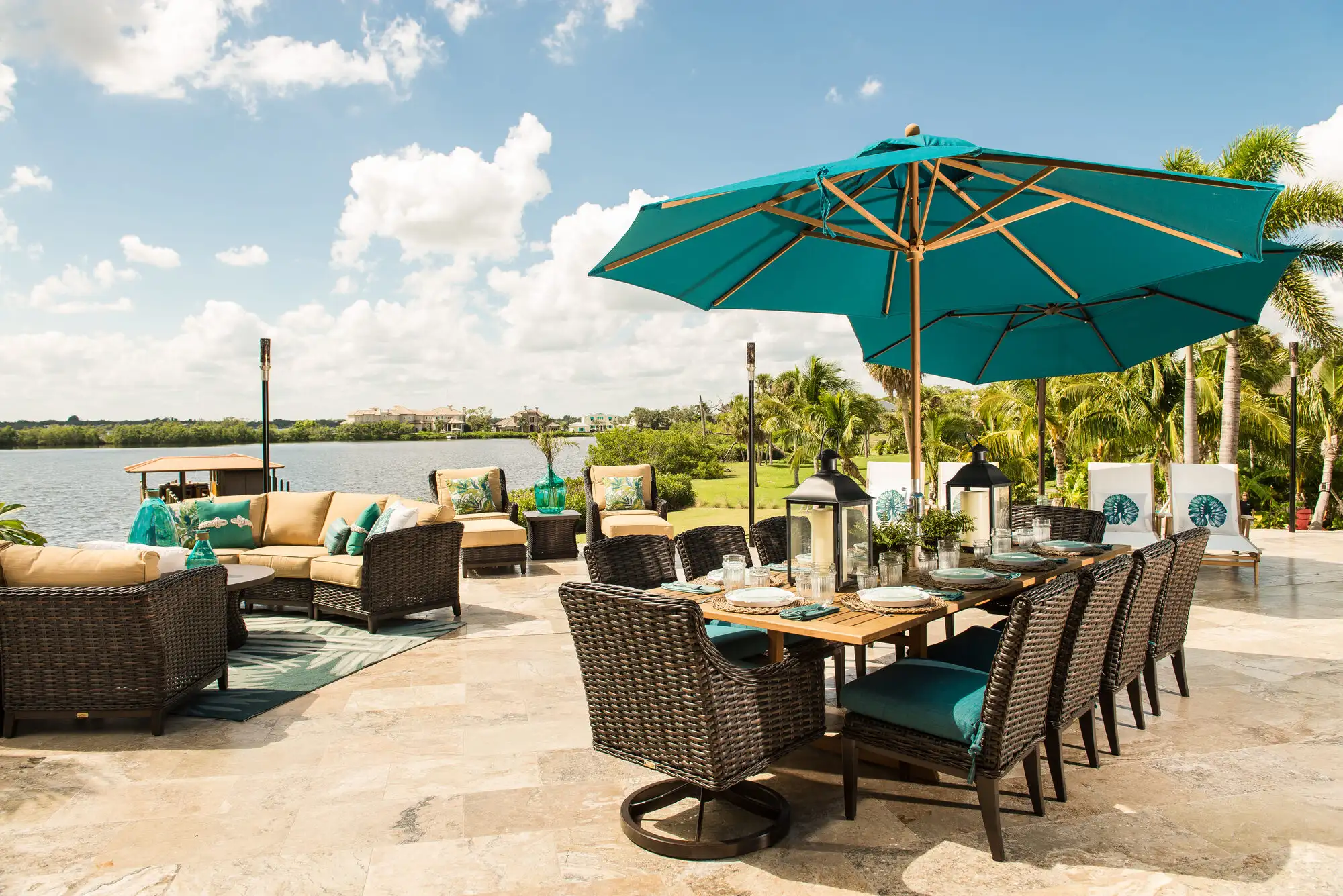 Outdoor patio dining set on a waterfront patio at the Patio Style showroom in Longwood, FL